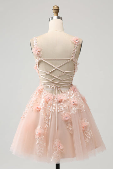 Vestido de cóctel corto con lentejuelas y escote en V color rubor brillante y flores en 3D